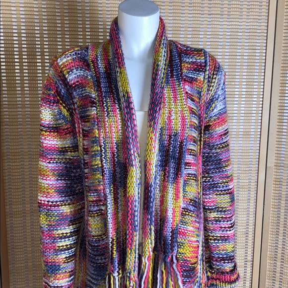 Blue Buttercup Multi Colored Long Cardigan Knit Sweater Fringe Hem Size Medium - Picture 2 of 6